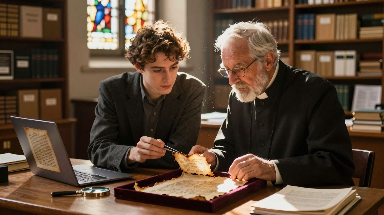 Jovem e padre idoso examinam pergaminho antigo à luz, numa biblioteca com computador e livros ao fundo.