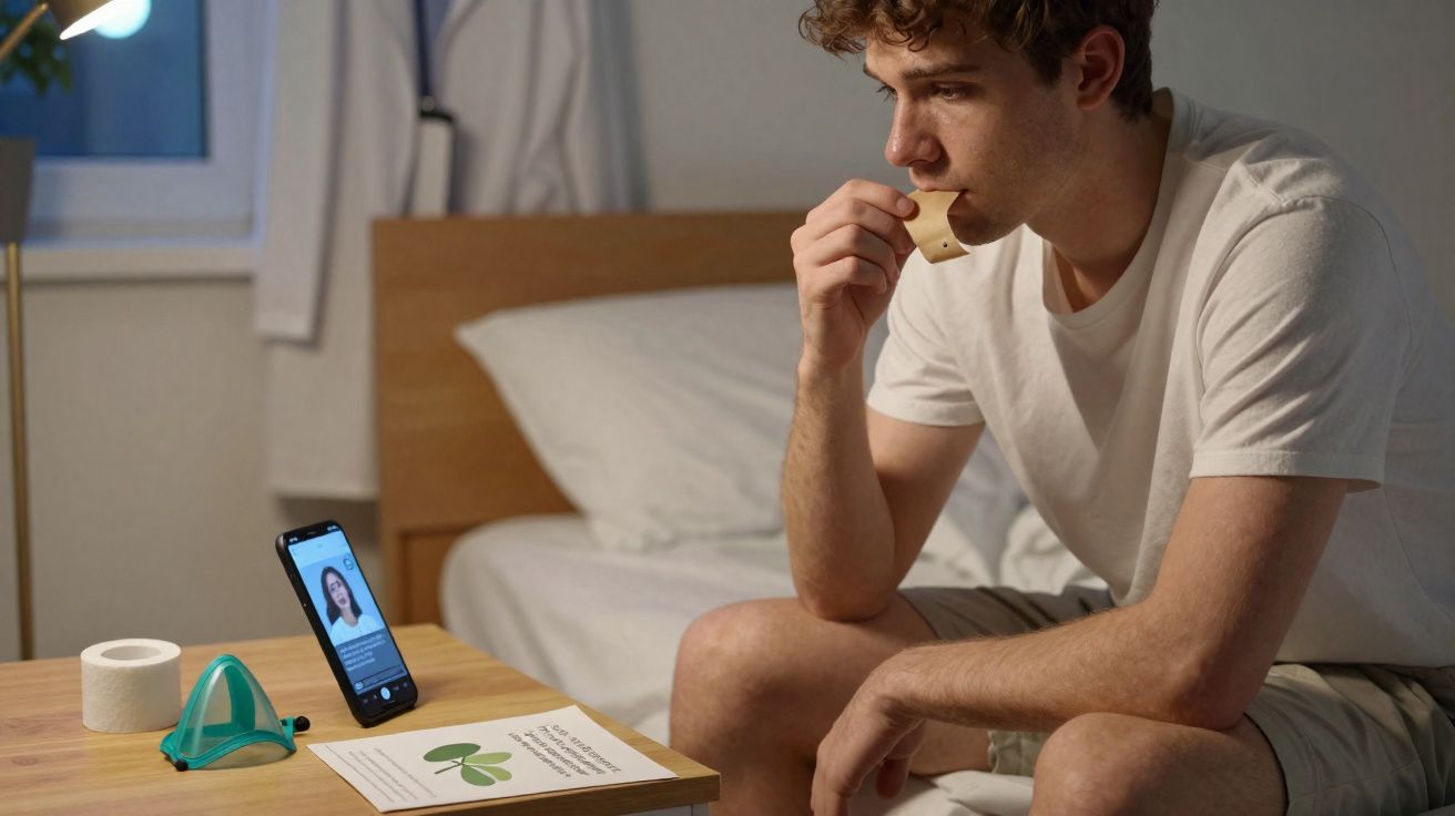 Homem sentado na cama a fazer teste rápido de Covid-19, a olhar para o telemóvel com instruções.