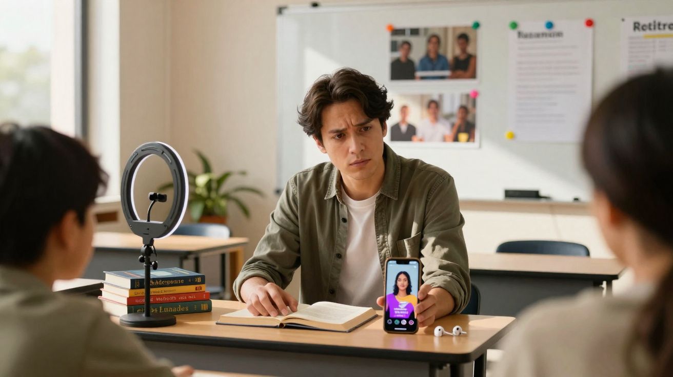 Jovem sentado à mesa mostra vídeo no telemóvel a duas pessoas numa sala de aula com luz de anel.