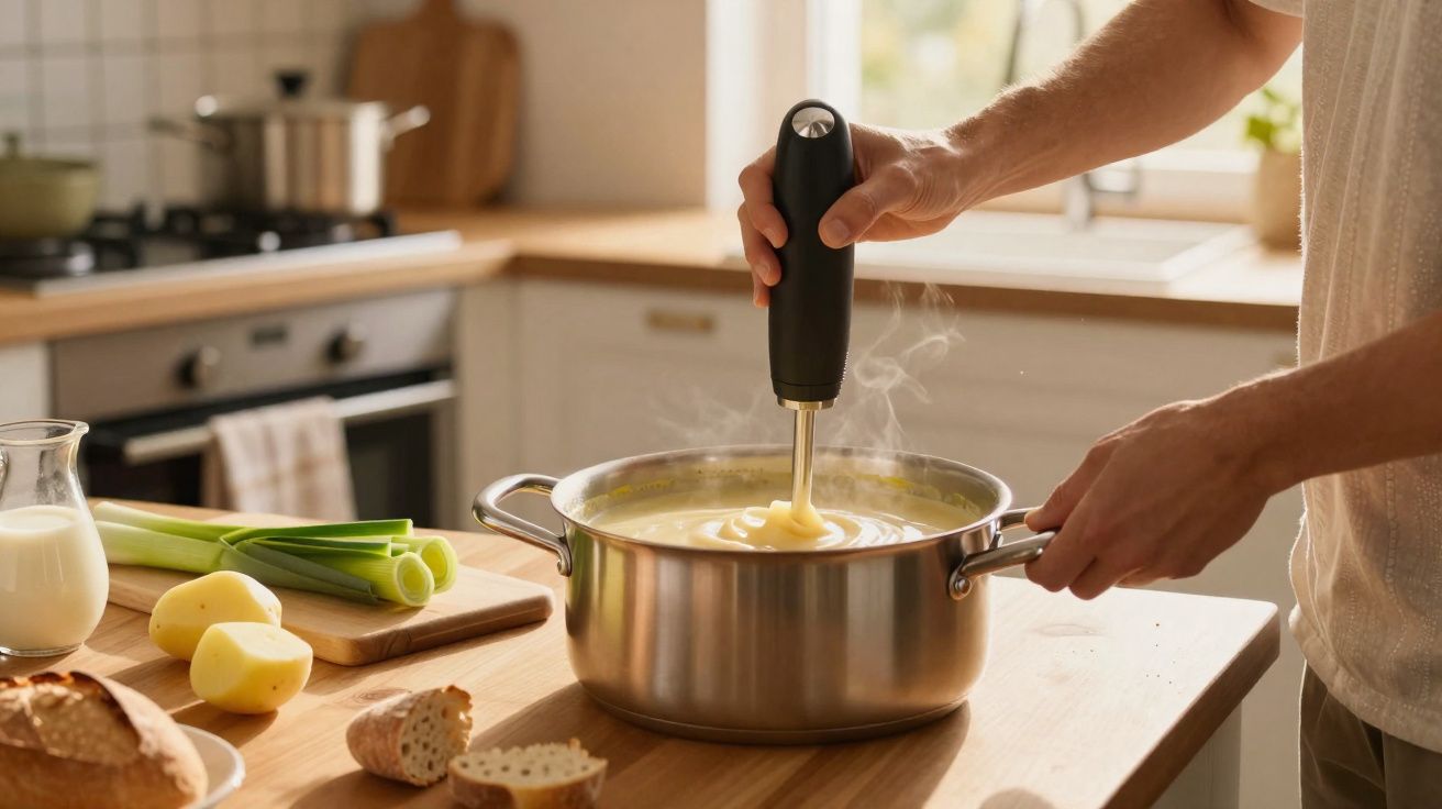 Pessoa a preparar puré de batata numa panela na cozinha, com legumes e pão na bancada.