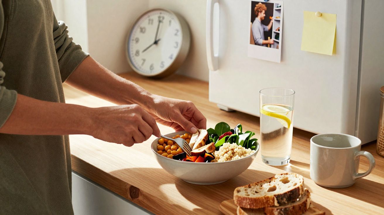 Pessoa a preparar uma taça de salada com grão, espinafres, quinoa, cenoura, água com limão e pão na cozinha.