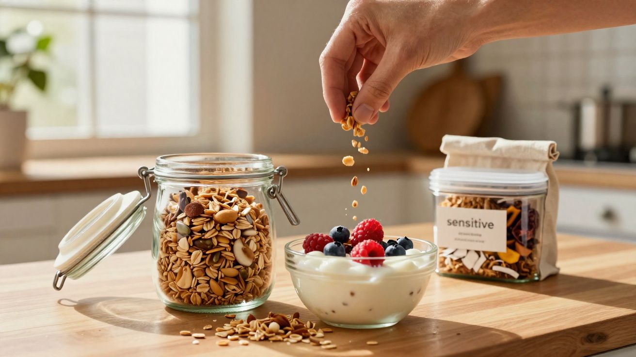 Mão a espalhar granola numa taça com iogurte e frutos vermelhos numa cozinha iluminada.