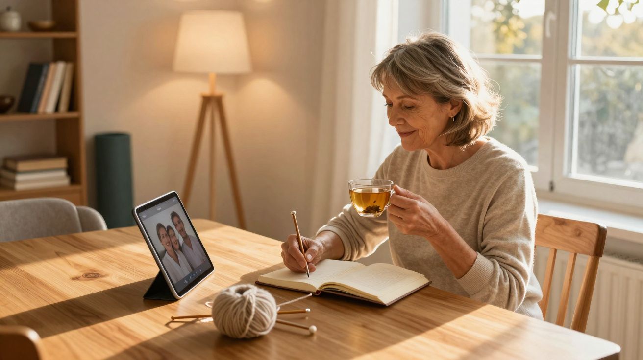 Mulher idosa sorri a fazer videochamada numa tablet enquanto escreve e bebe chá numa sala iluminada.