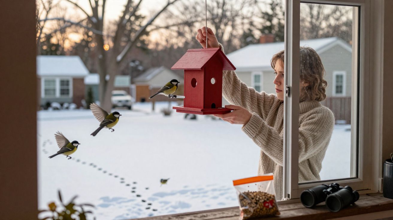 Pessoa a pendurar comedouro vermelho para pássaros num dia de neve vista pela janela.