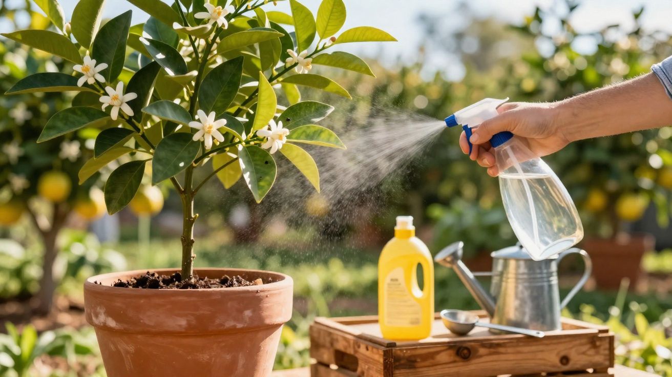 Pessoa borrifando água numa planta com flores brancas em vaso de cerâmica ao ar livre.