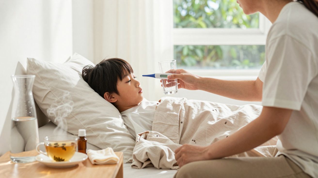 Criança deitada na cama com febre, mãe a medir temperatura e copo de água na mão, ao lado chá e remédios.