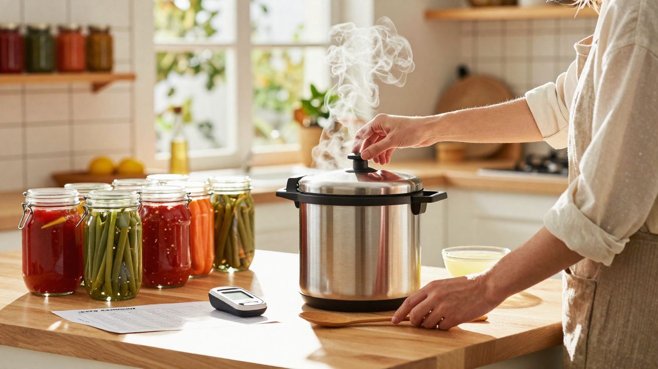 Pessoa a levantar a tampa de uma panela de pressão a vapor, com frascos de legumes e jarros ao fundo numa cozinha iluminada.