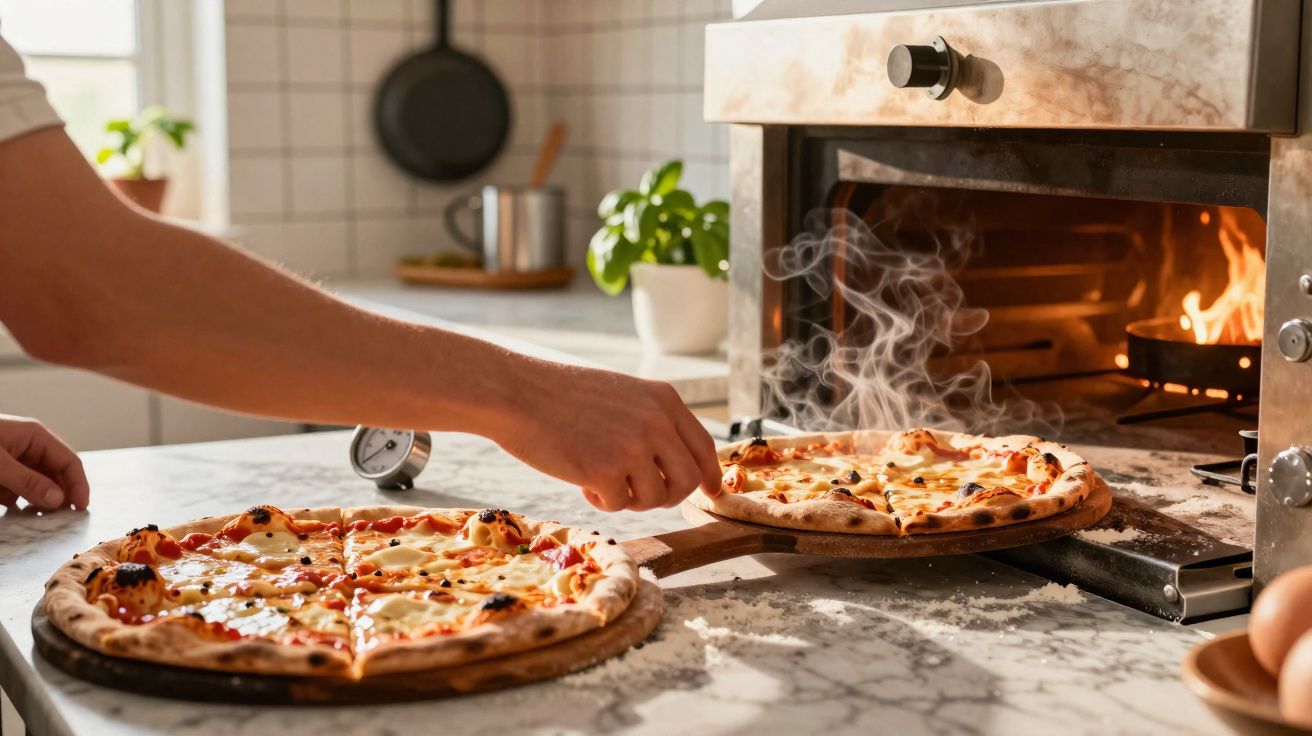 Pessoa a tirar pizza fumegante do forno numa cozinha com parede de azulejos brancos.