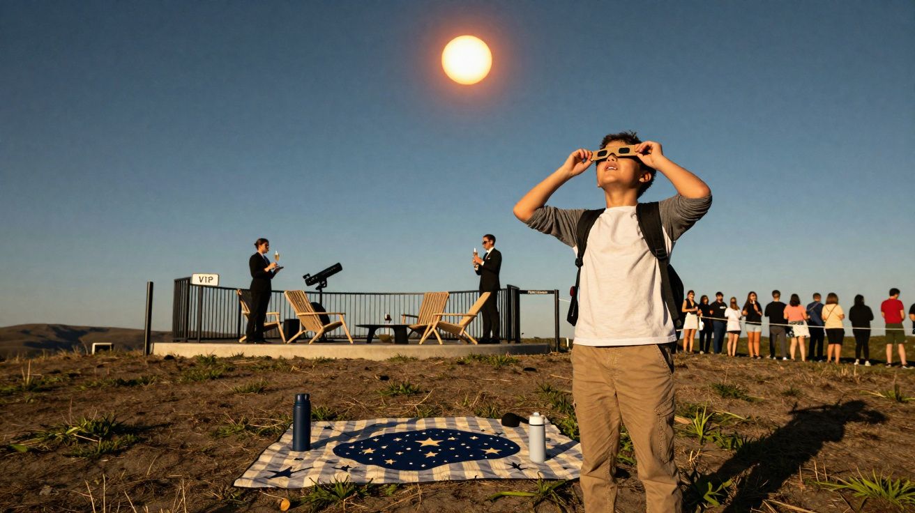 Criança com óculos de eclipse observa o sol numa colina, com grupo de pessoas e zona VIP ao fundo.