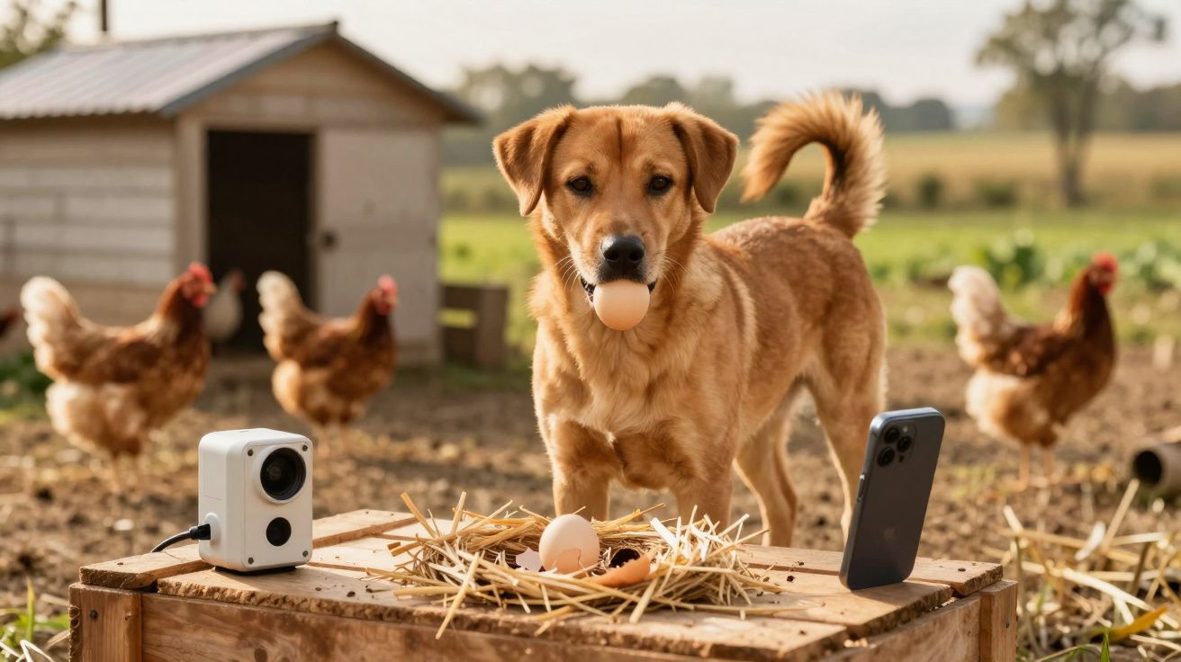 Cão com ovo na boca junto a ovos, galinhas e tecnologia num campo com galinheiro.
