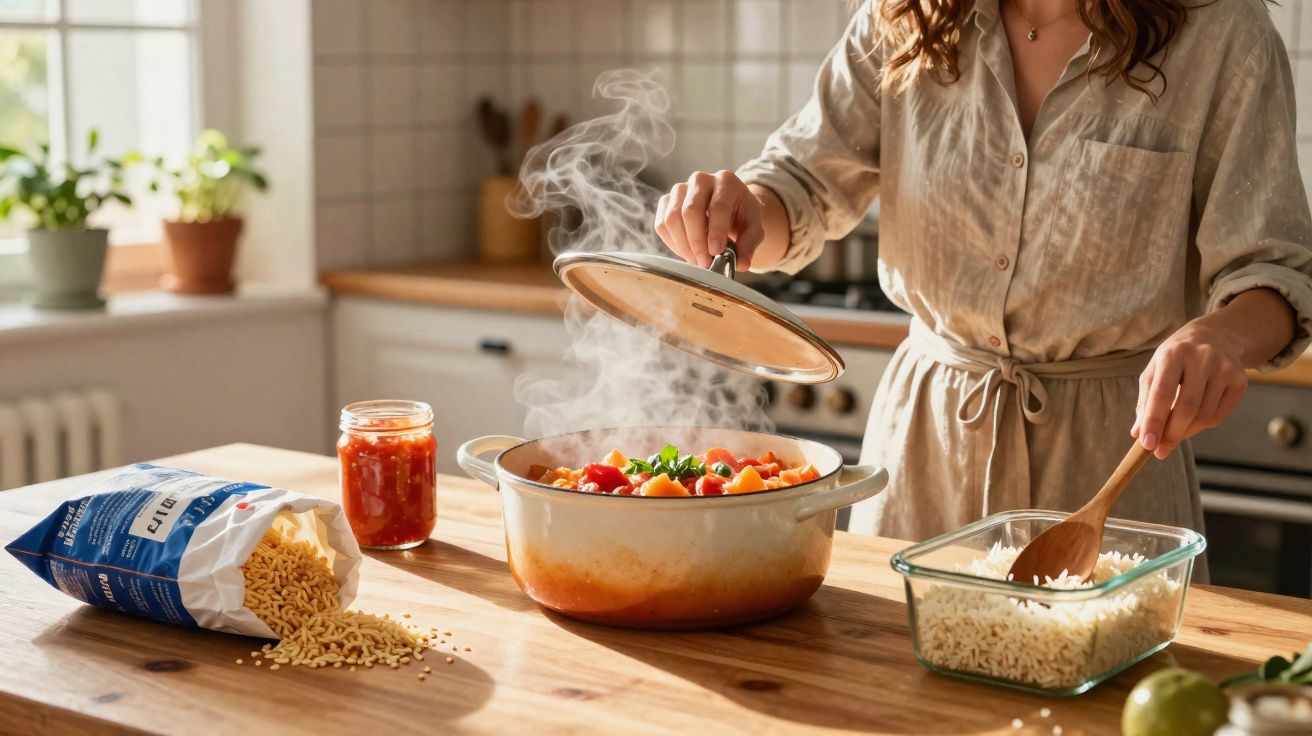 Pessoa a cozinhar um ensopado fumegante numa panela, com arroz e ingredientes na bancada da cozinha.