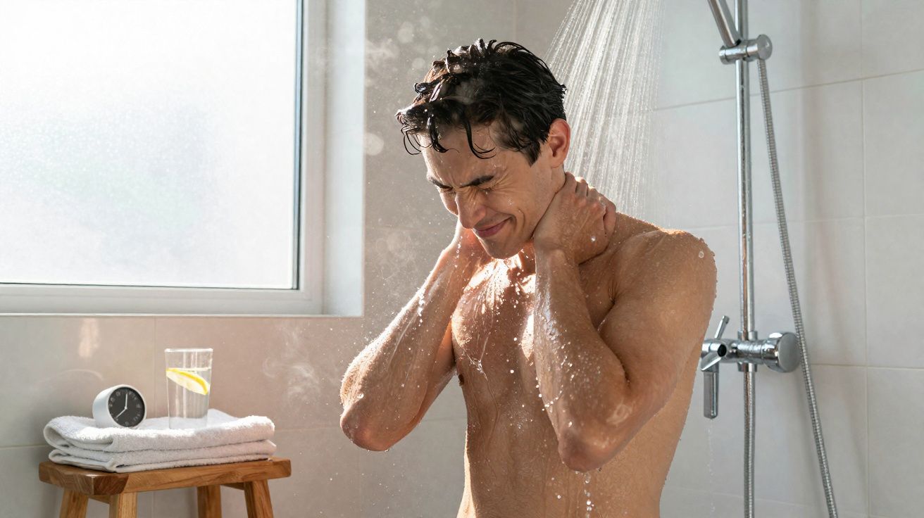 Homem de olhos fechados e expressão de desconforto toma duche com água a cair no pescoço.