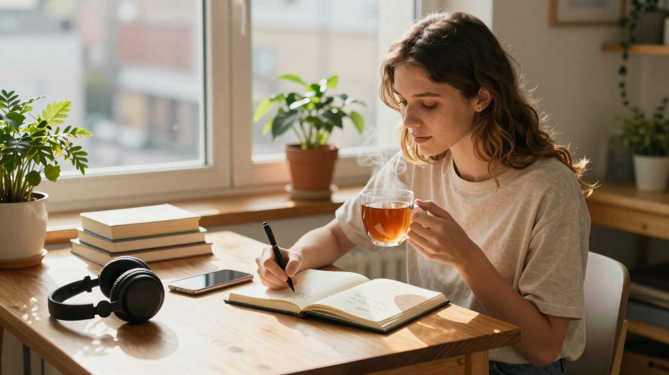 Mulher sentada junto à janela a escrever num caderno e a beber chá, com plantas e livros na mesa.