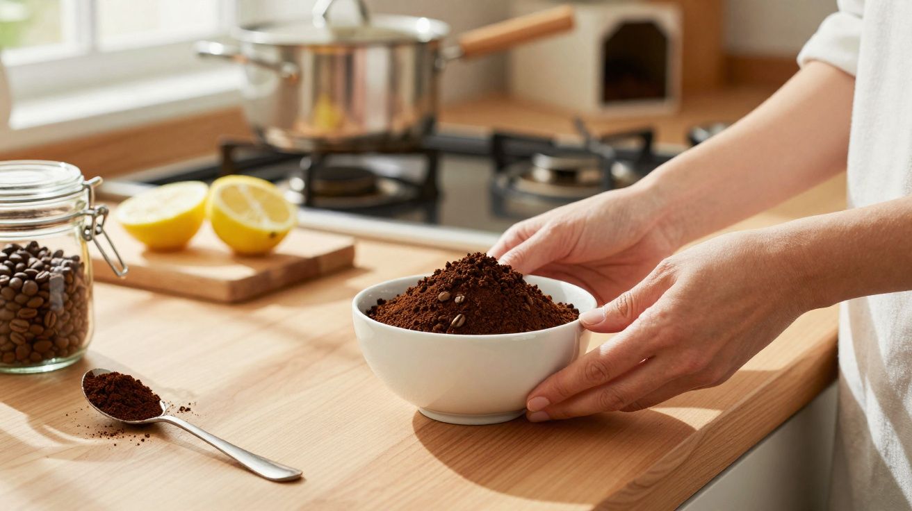 Mãos a segurar tijela com café moído numa cozinha, com limões cortados e frasco de café ao fundo.