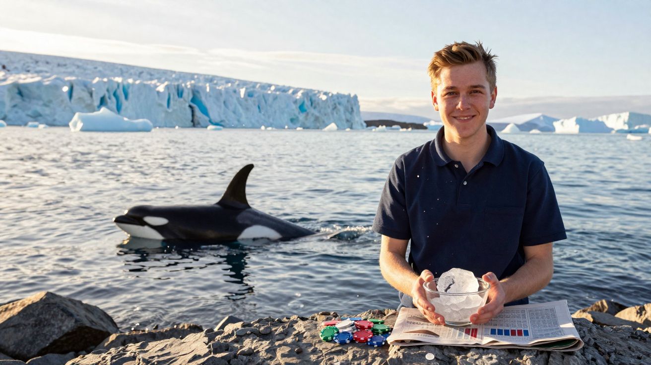 Homem sorridente junto a iceberg com orca na água e fichas de poker sobre rochas à frente.