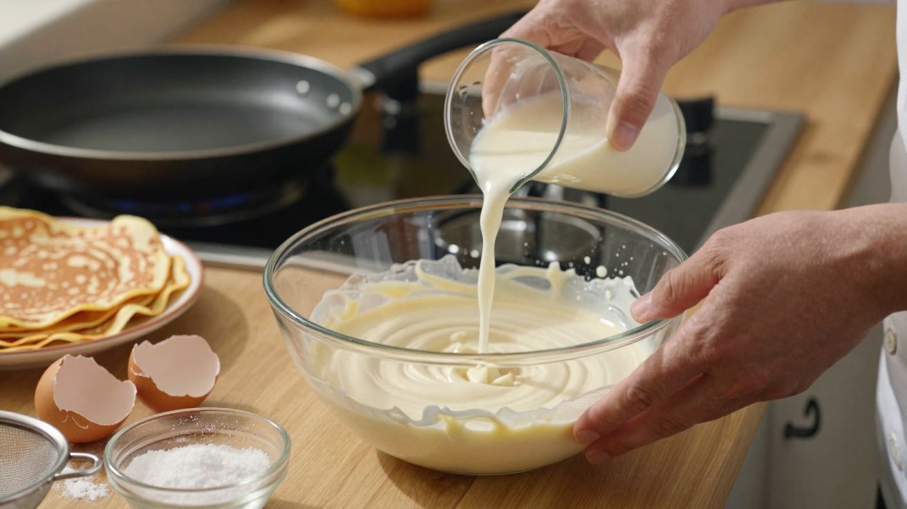 Mãos a verter leite numa taça com mistura para panquecas numa cozinha com frigideira e ingredientes.