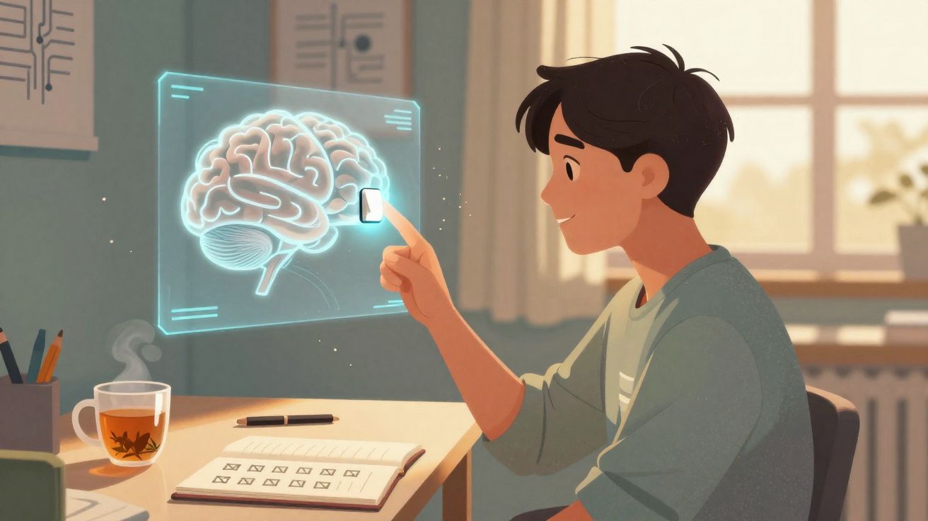 Jovem sentado a tocar num holograma de cérebro no ar, com mesa, caderno e chá ao lado.