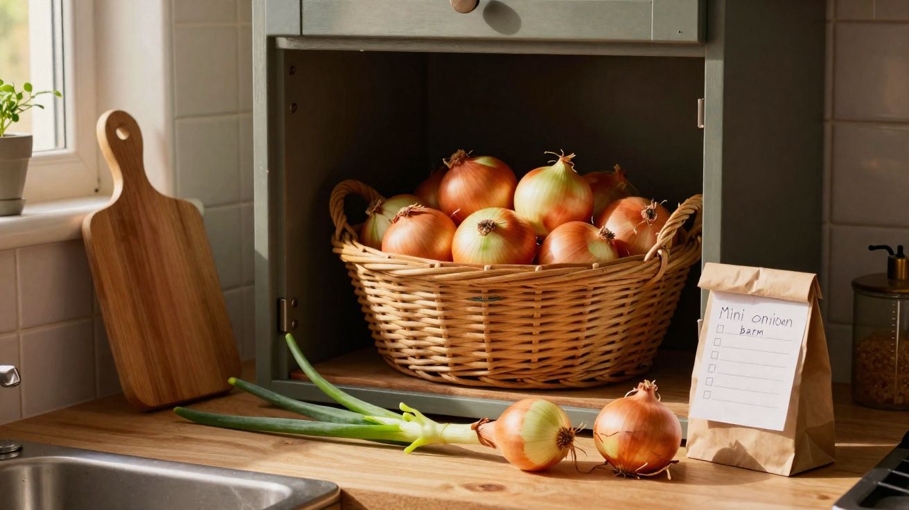 Cesto de vime com cebolas amarelas numa prateleira de madeira e cebolas verdes na bancada da cozinha.
