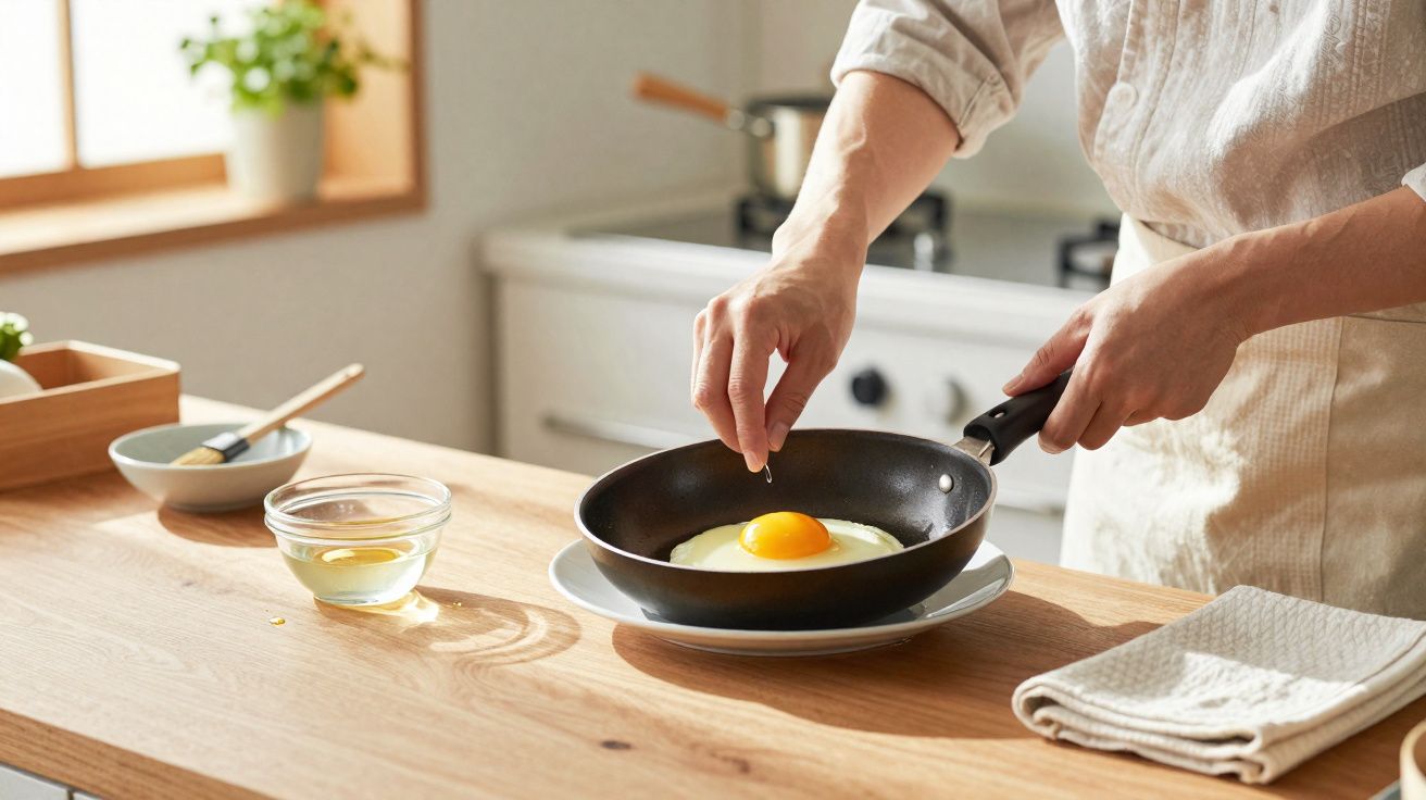 Pessoa a cozinhar ovo estrelado numa frigideira numa cozinha com luz natural.