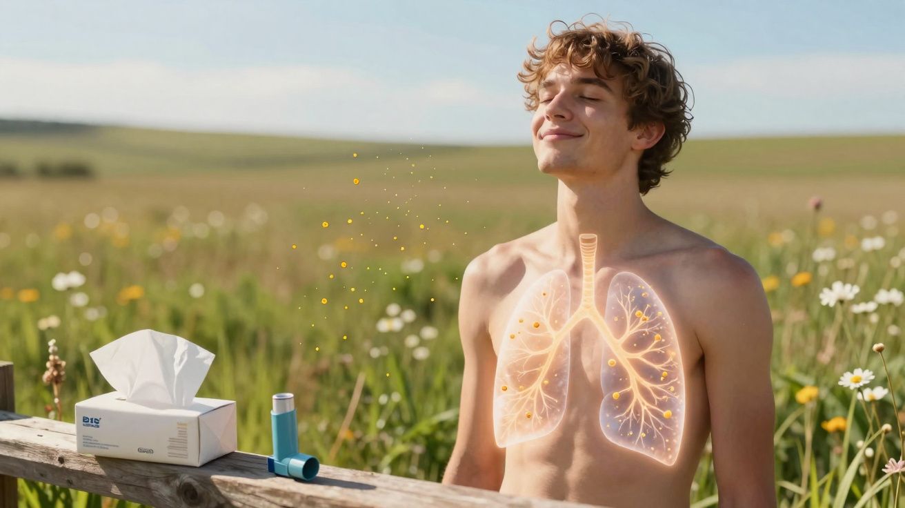 Jovem ao ar livre com olhos fechados, inalando ar, com ilustração digital dos pulmões visível no peito.