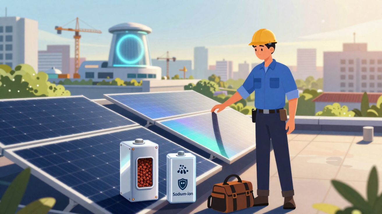 Homem com capacete a inspecionar painéis solares numa cidade com edifícios ao fundo.