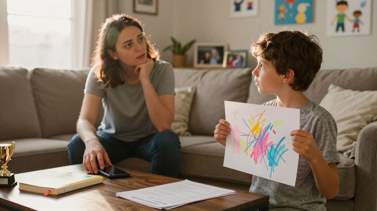 Menino mostra desenho colorido a mulher sentada no sofá, ambos com expressão séria numa sala iluminada.