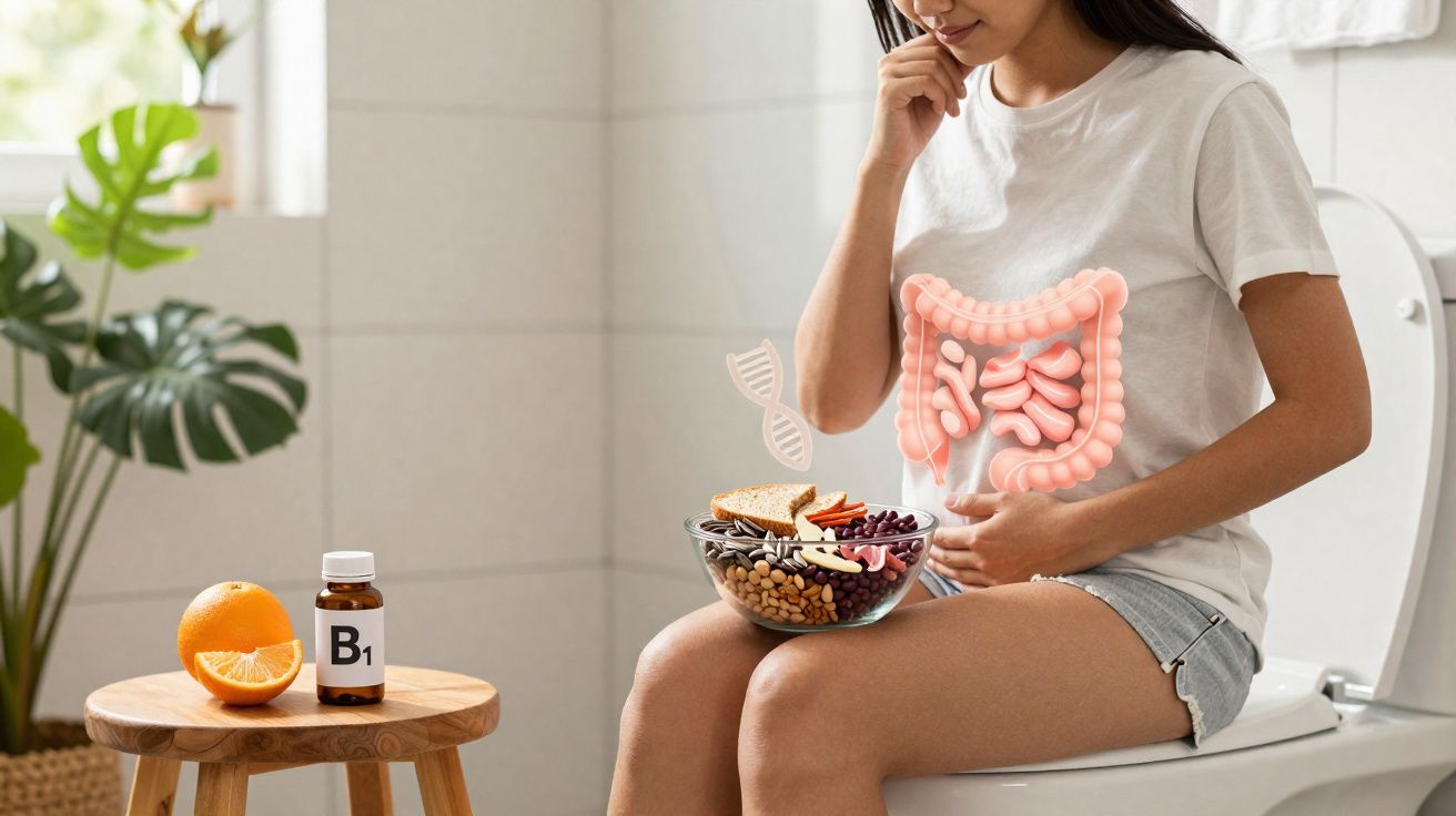 Mulher sentada na sanita com ilustração do intestino e alimentos saudáveis para o trânsito intestinal.