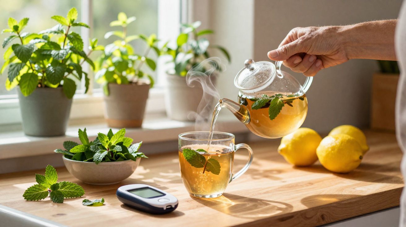 Chá quente de hortelã a ser servido numa chávena, com plantas, limões e medidor de glicose numa bancada.
