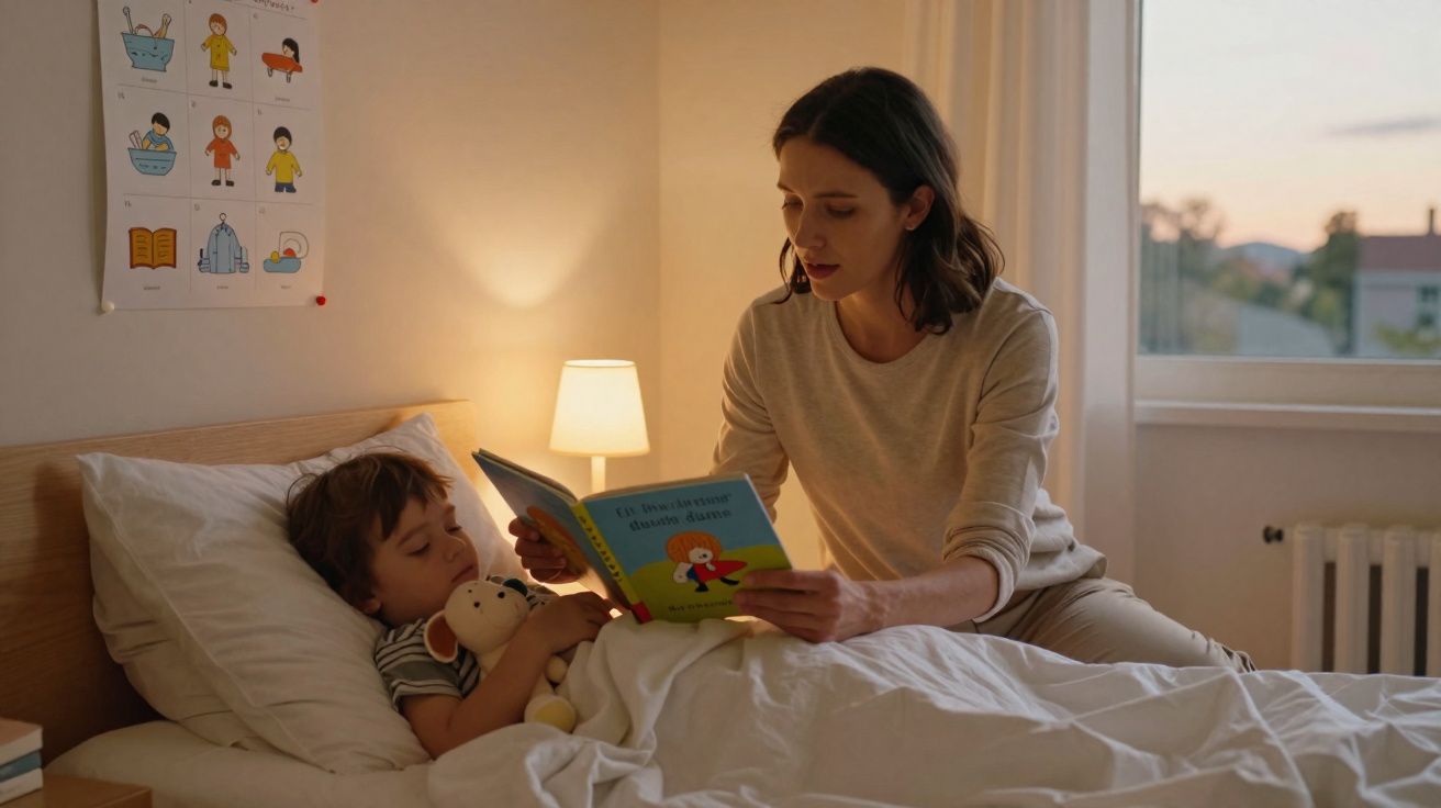 Mulher lê uma história para menino adormecido na cama, segurando um peluche num quarto iluminado à noite.
