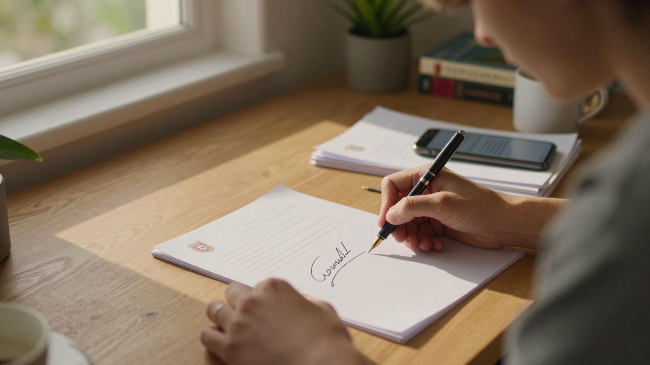 Pessoa a assinar um documento com caneta numa mesa de madeira junto a uma janela iluminada.