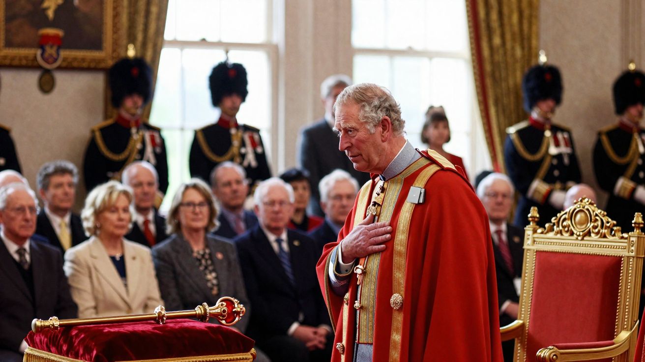 Homem idoso de capa vermelha em cerimónia oficial com pessoas sentadas e guarda real ao fundo.