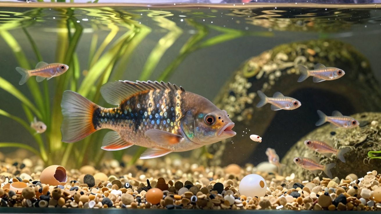 Peixe grande rodeado por pequenos peixes num aquário com plantas e cascas no fundo.