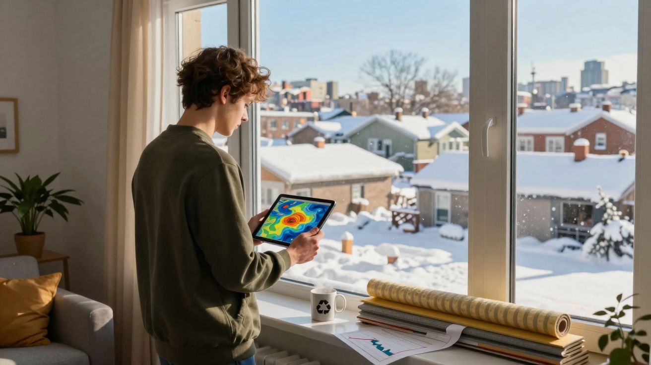 Jovem observa mapa climático num tablet junto a janela com vista para bairro coberto de neve.