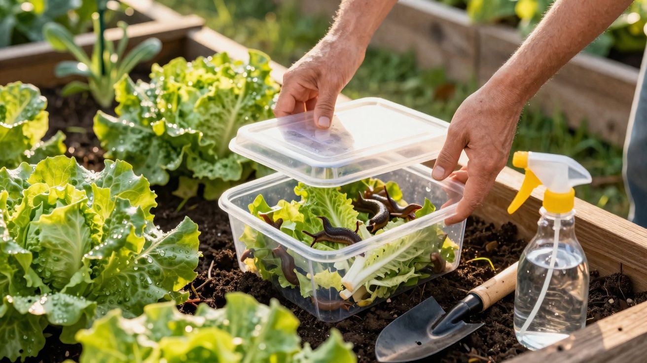 Pessoas a apanhar lesmas em plástico transparente numa horta com alfaces e regador de spray.