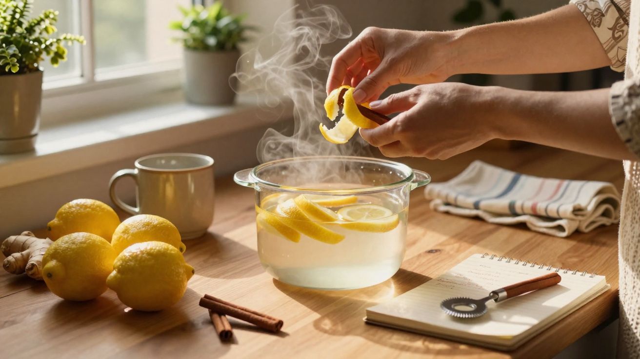 Mãos a preparar infusão com limão, canela e gengibre numa jarra de vidro sobre uma mesa de cozinha.