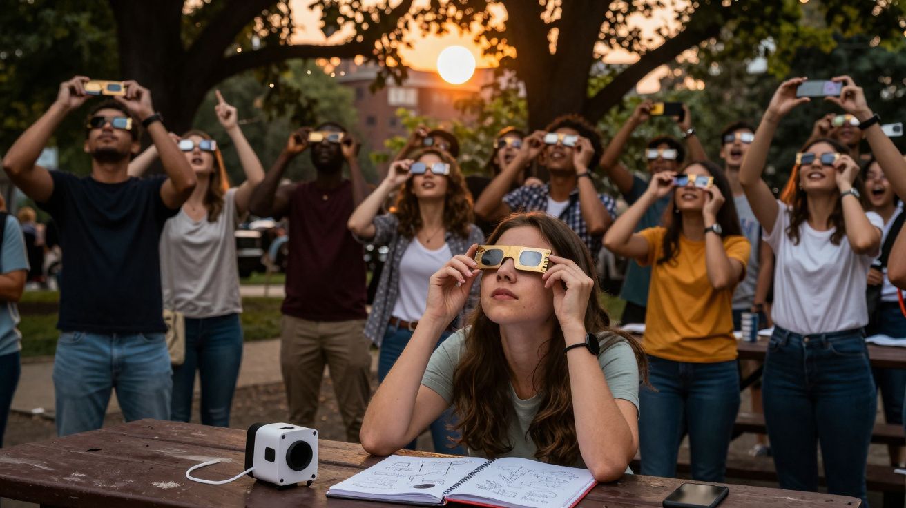 Grupo de pessoas ao ar livre a observar o eclipse solar com óculos especiais durante o pôr do sol.