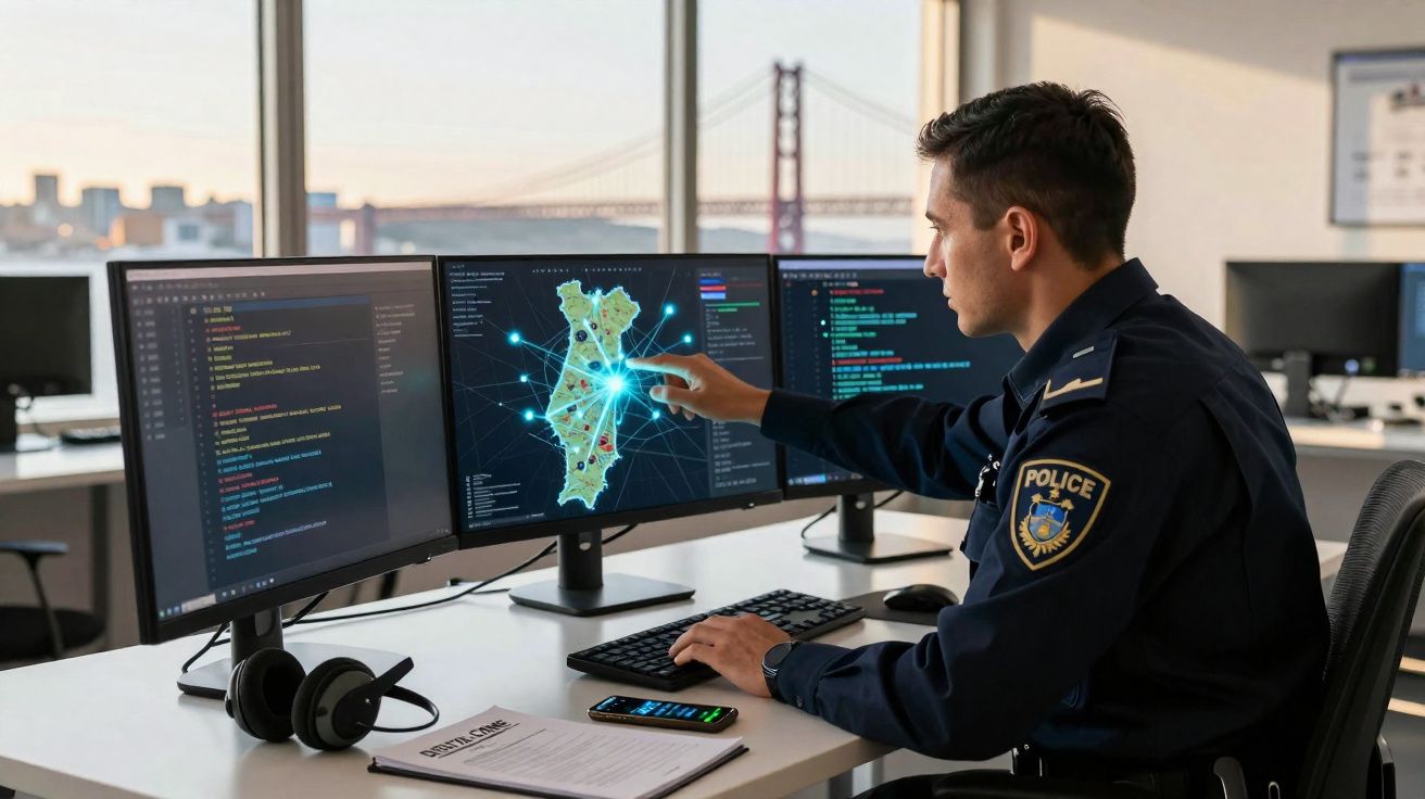 Polícia debruçado sobre três ecrãs de computador com mapas e códigos numa sala de operações moderna.