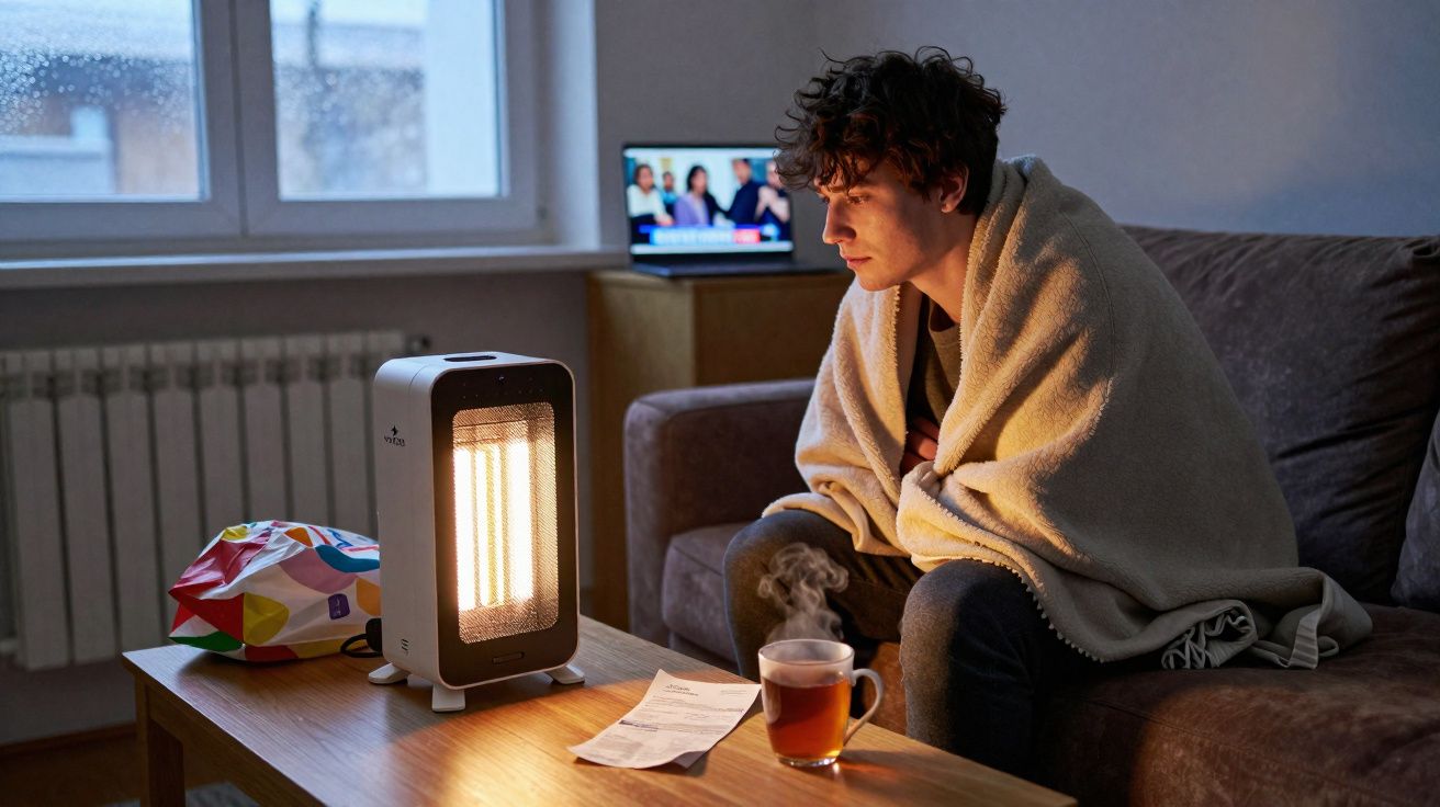 Homem sentado no sofá com manta, a aquecer-se junto a um aquecedor portátil com chá quente numa mesa.
