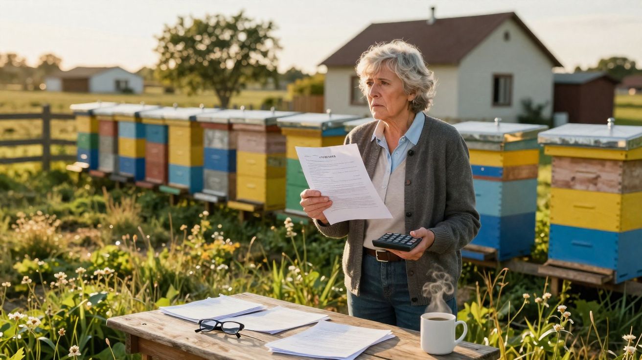 Mulher idosa com documentos e calculadora junto a colmeias num campo durante o dia.