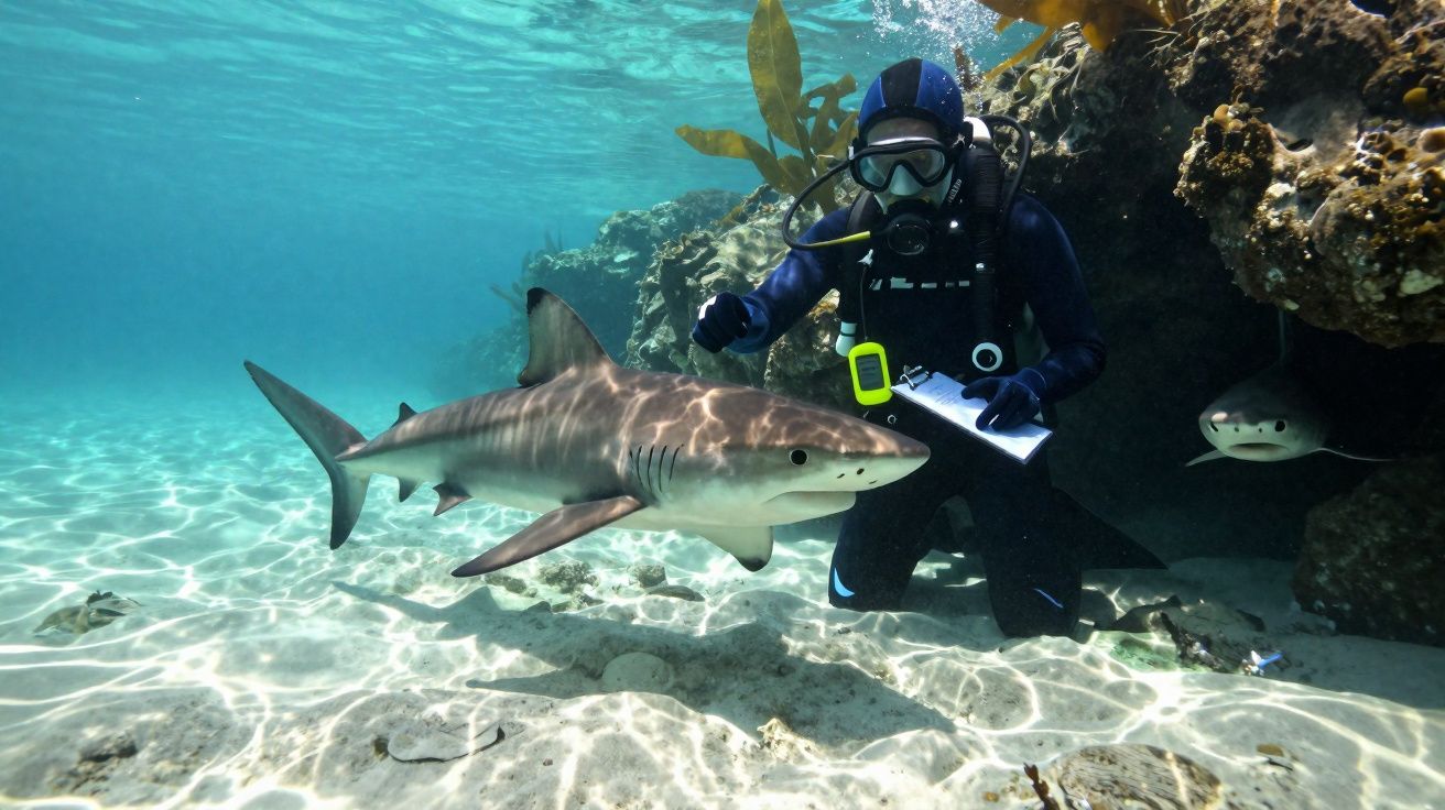 Mergulhador com equipamento completo observa tubarão junto a coral em águas cristalinas.