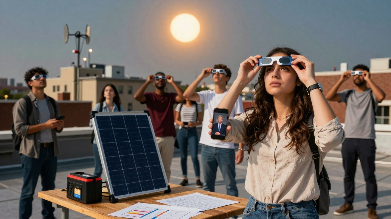 Grupo de pessoas com óculos de proteção a observar um eclipse solar num terraço com painéis solares.