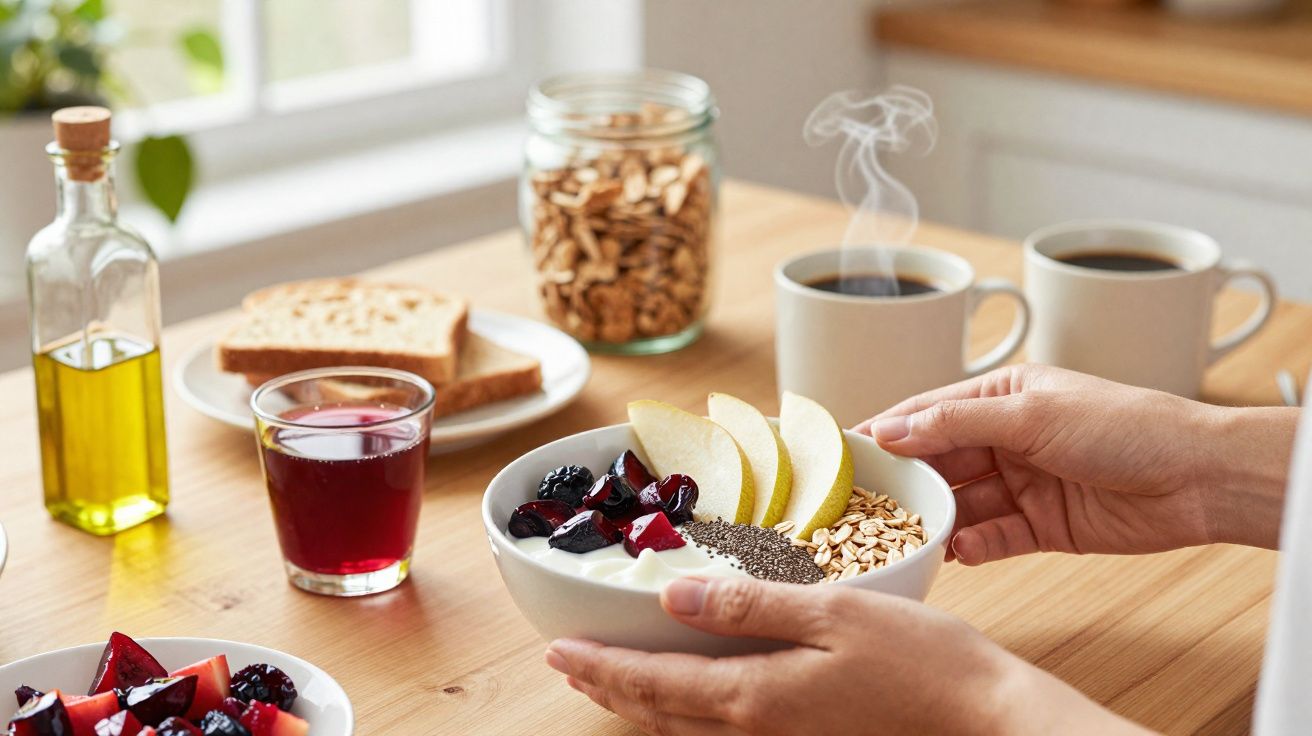 Pessoa segurando taça de iogurte com frutos, sementes, e granola em mesa com sumo, café e pão.