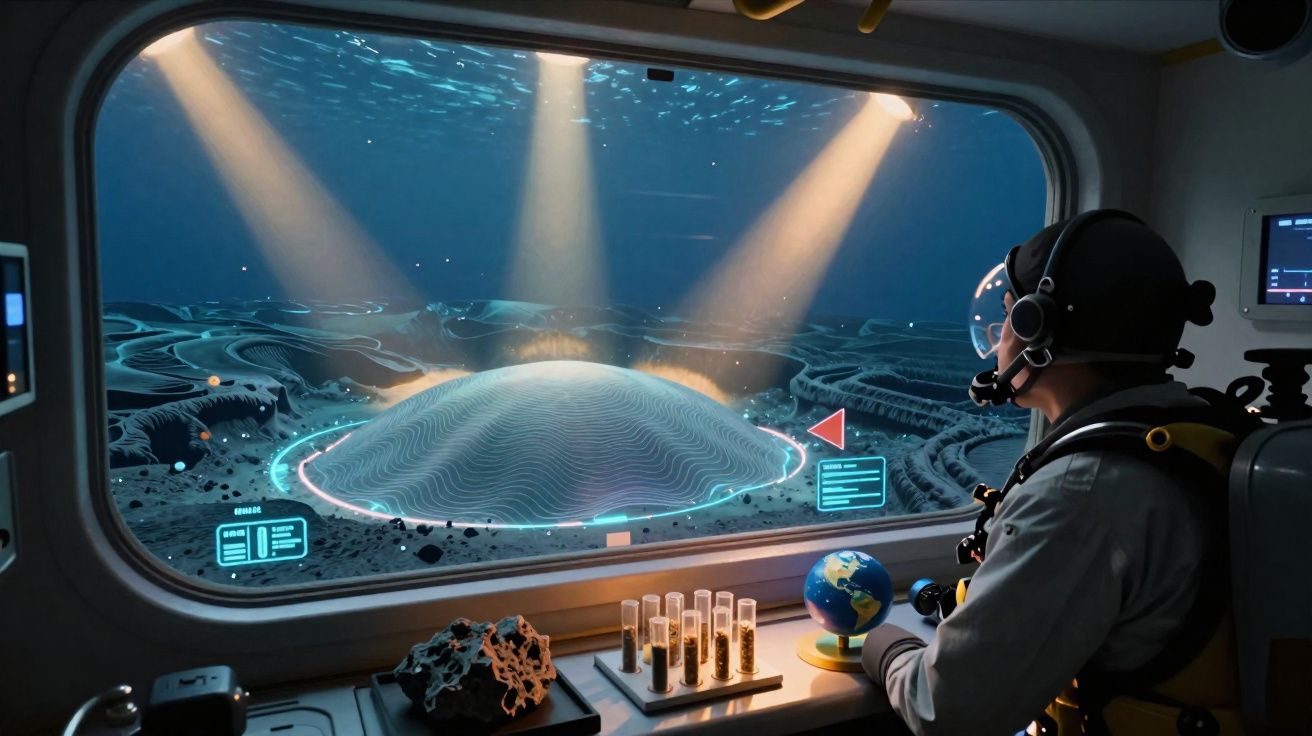 Astronauta observa cúpula alienígena iluminada no fundo do oceano, com amostras e globo na cabine subaquática.