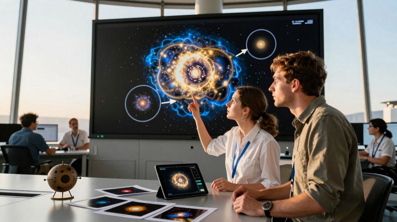 Duas pessoas analisam uma projeção de modelo atómico digital numa sala de reuniões moderna.