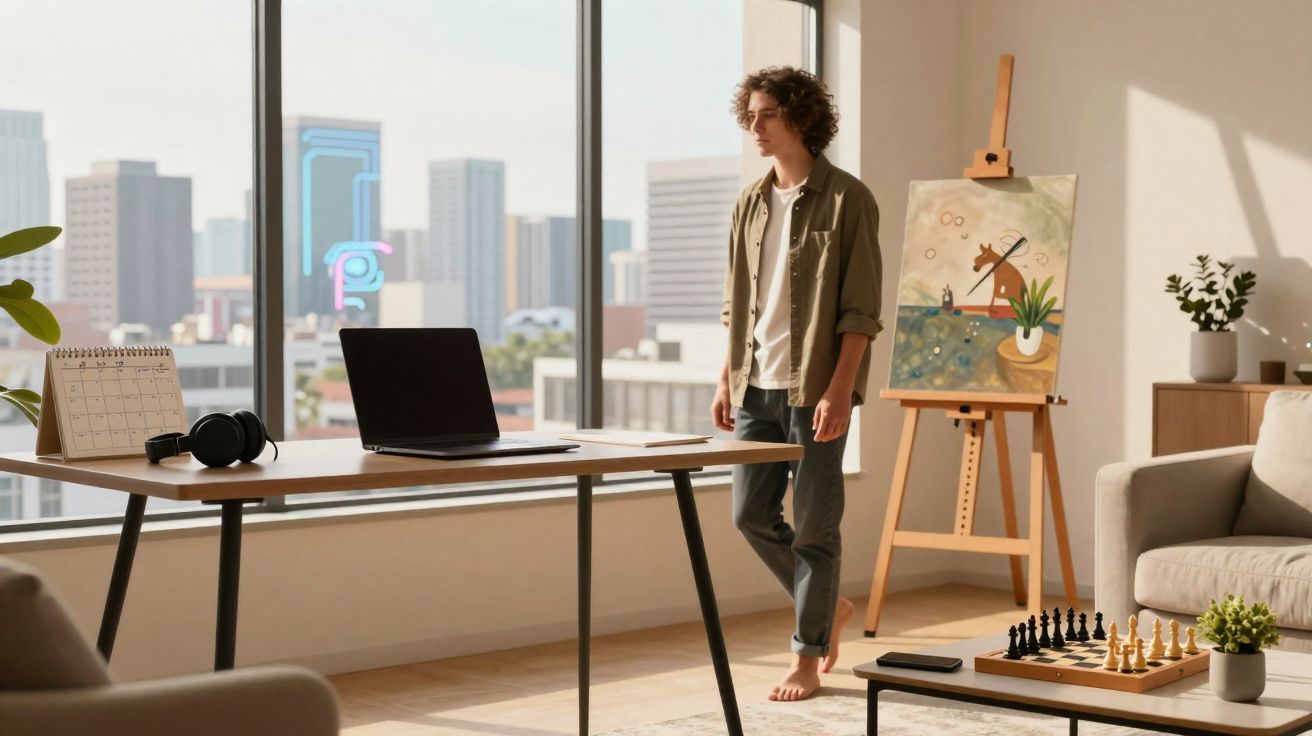 Homem descalço em escritório luminoso com laptop, quadro de pintura e jogo de xadrez numa mesa baixa.