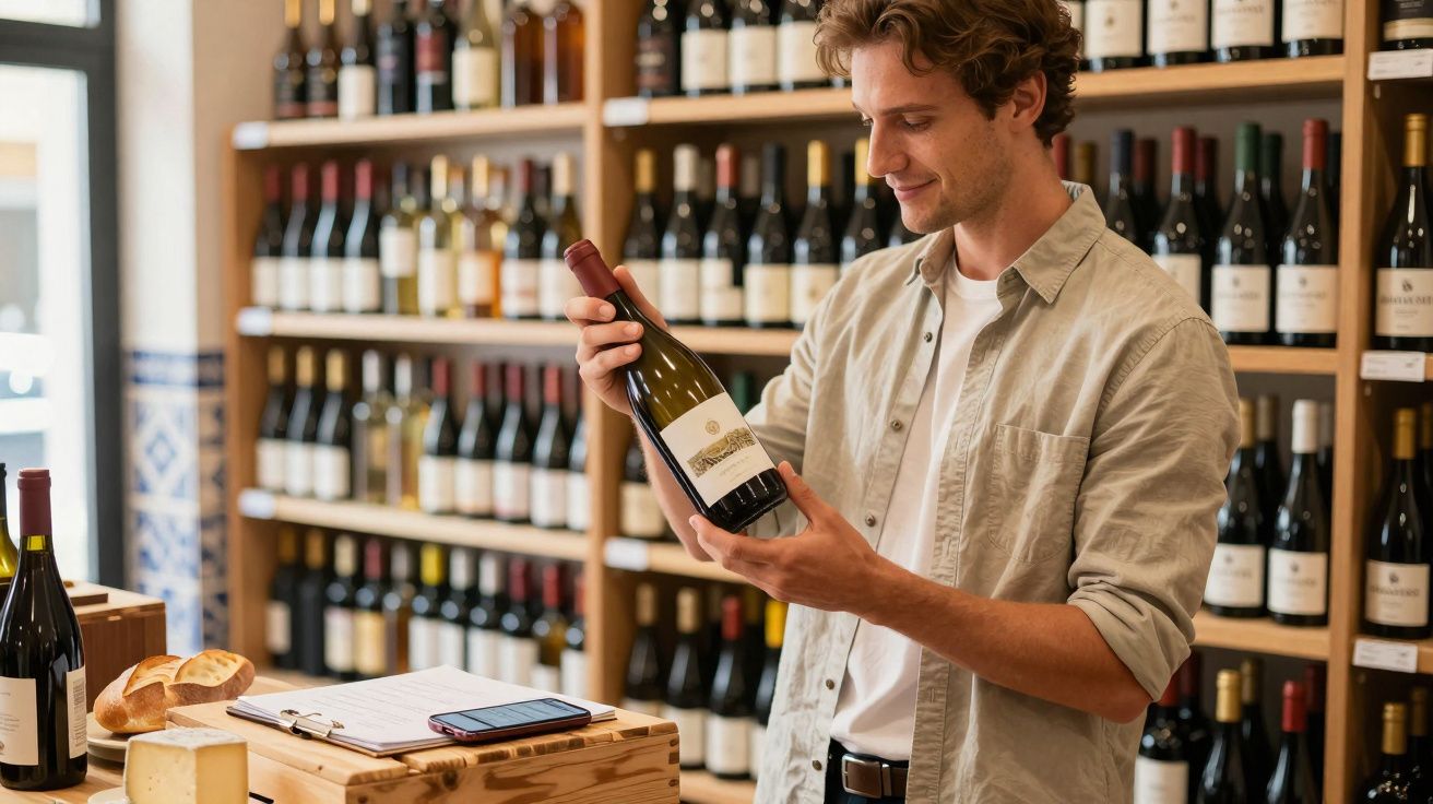 Homem jovem a examinar uma garrafa de vinho numa loja com prateleiras cheias de vinhos ao fundo.