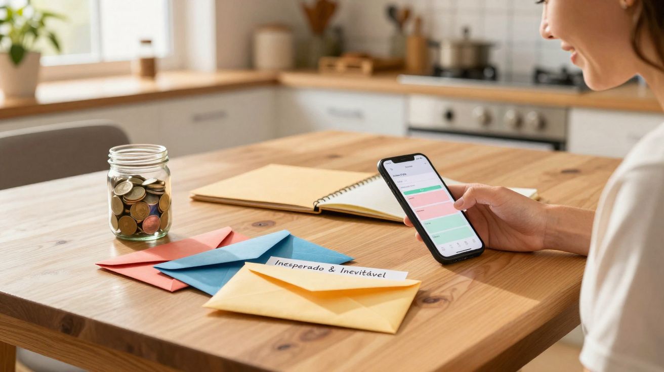 Pessoa a usar telemóvel para gerir finanças, com envelopes coloridos e um frasco com moedas numa mesa de madeira.