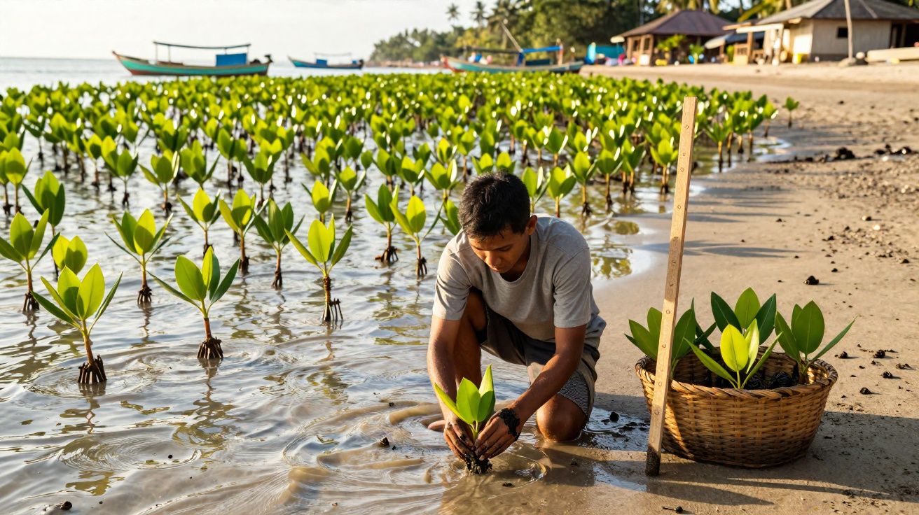 Homem planta mudas de mangue na zona costeira com barcos e vegetação ao fundo.