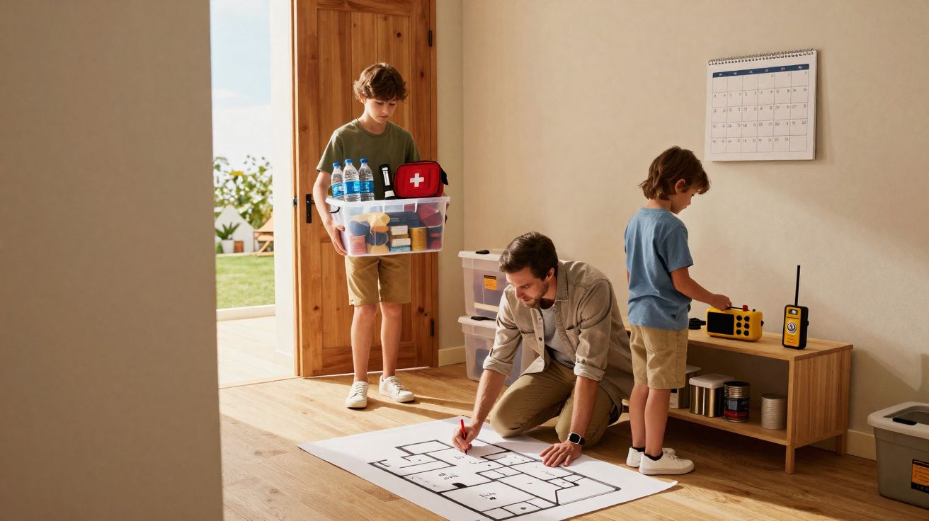 Pai e filhos preparam kit de emergência em casa, com plano no chão e mantimentos essenciais.