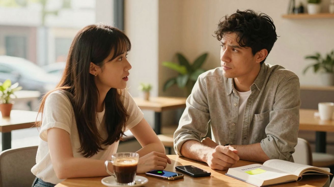 Casal jovem conversa numa cafetaria, com café, telemóveis e livro na mesa.